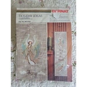 Vintage 1981 BERNAT "Joy to the World" Angel Cross Stitch Banner Kit #W00101